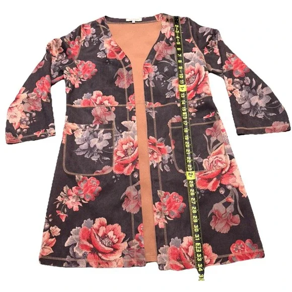 Solitaire Cardigan Jacket Womens Medium Pink Floral Mid Length Boho Lagenlook‎ - Picture 7 of 9